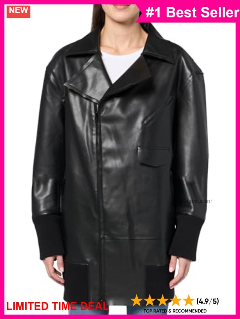 Oversized Moto Jacket Above Knee Faux Leather Fully Bonded Zip Closure